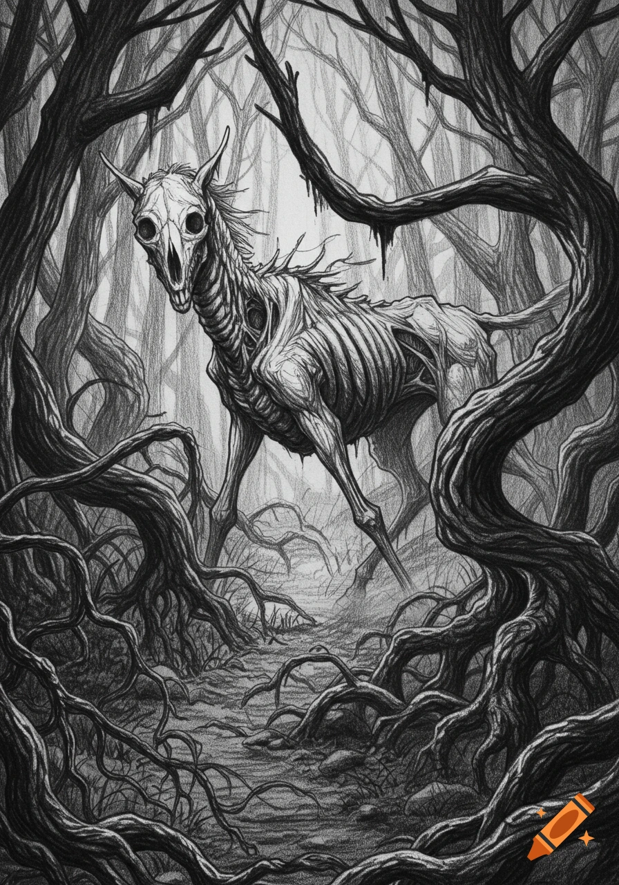 A skeletal, horse-like creature with a skull for a head stands amidst gnarled trees and roots in a dark forest, in a rough pencil drawing style.