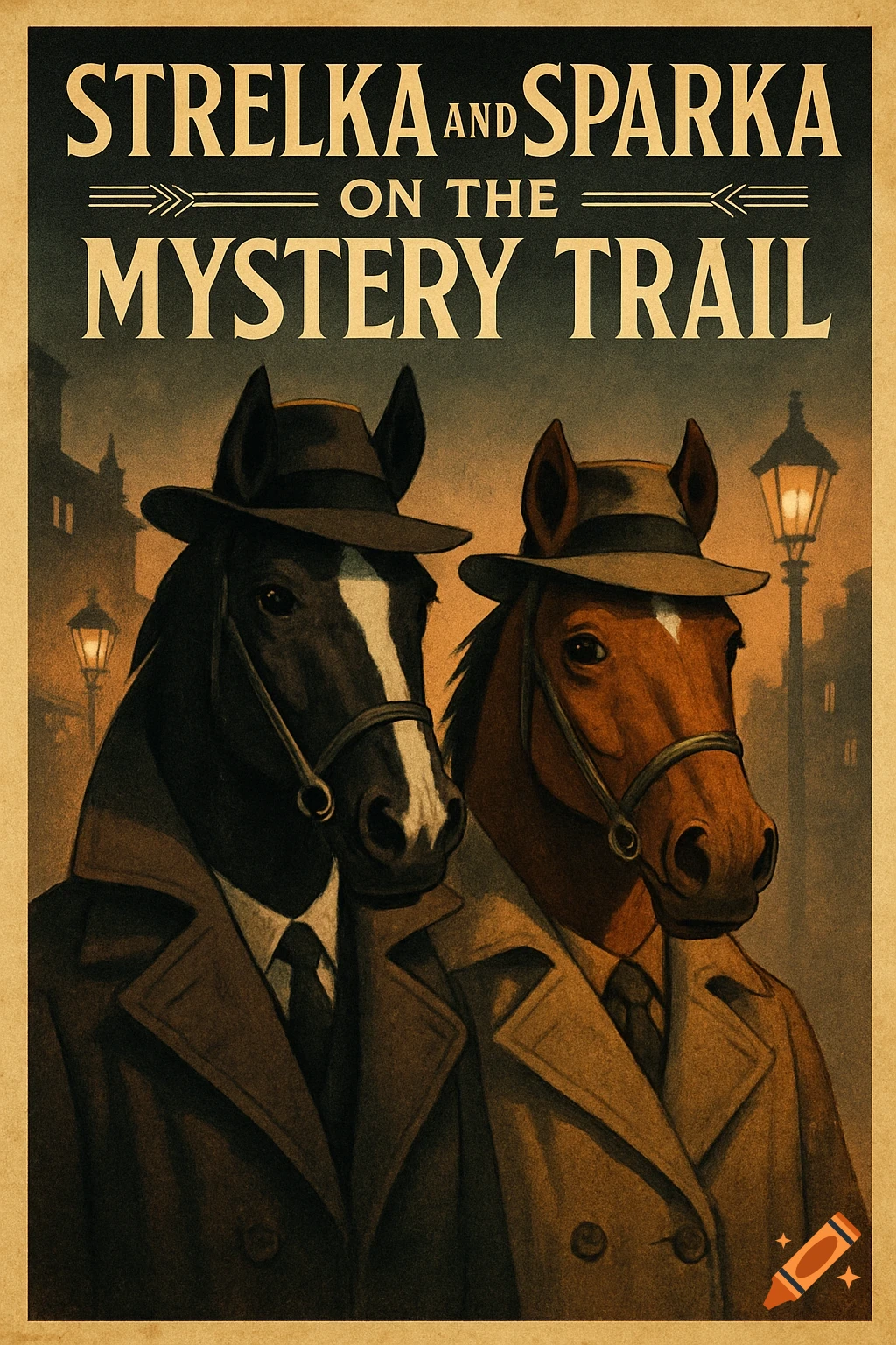Vintage poster of two horse detectives in trench coats and fedoras. Text: Strelka and Sparka on the Mystery Trail.