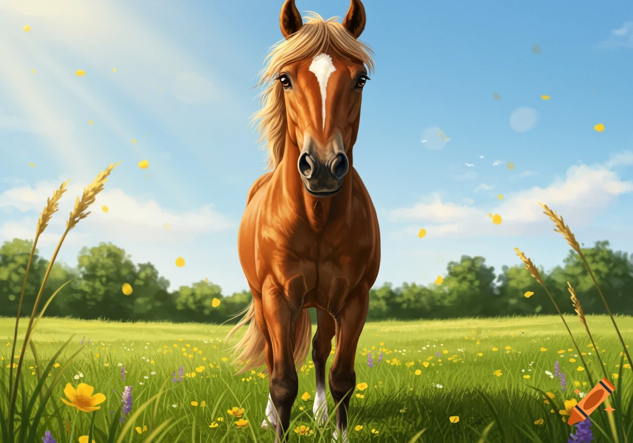 A brown horse with a blonde mane and white blaze stands in a sunny green meadow with yellow and purple wildflowers, looking forward in an illustrative style.