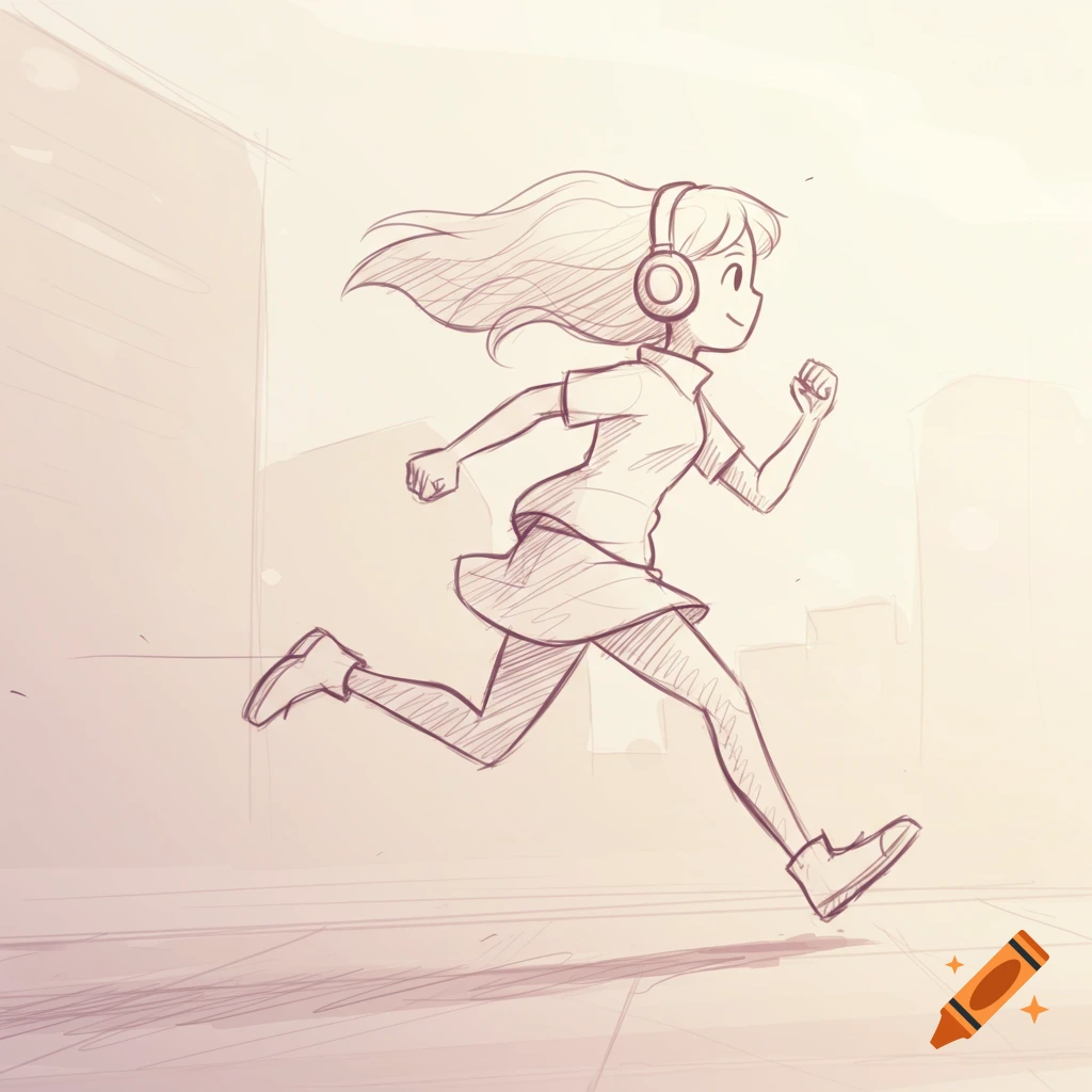 A cartoon doodle of a girl with headphones running with a smile on her face against a light background.