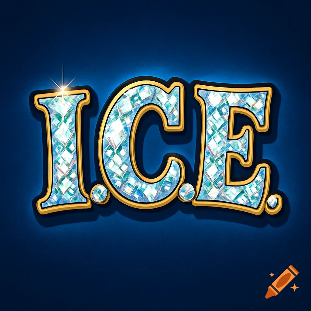 Cartoon-style logo of the word "I.C.E." encrusted with sparkling diamonds, outlined in gold, against a dark blue background.