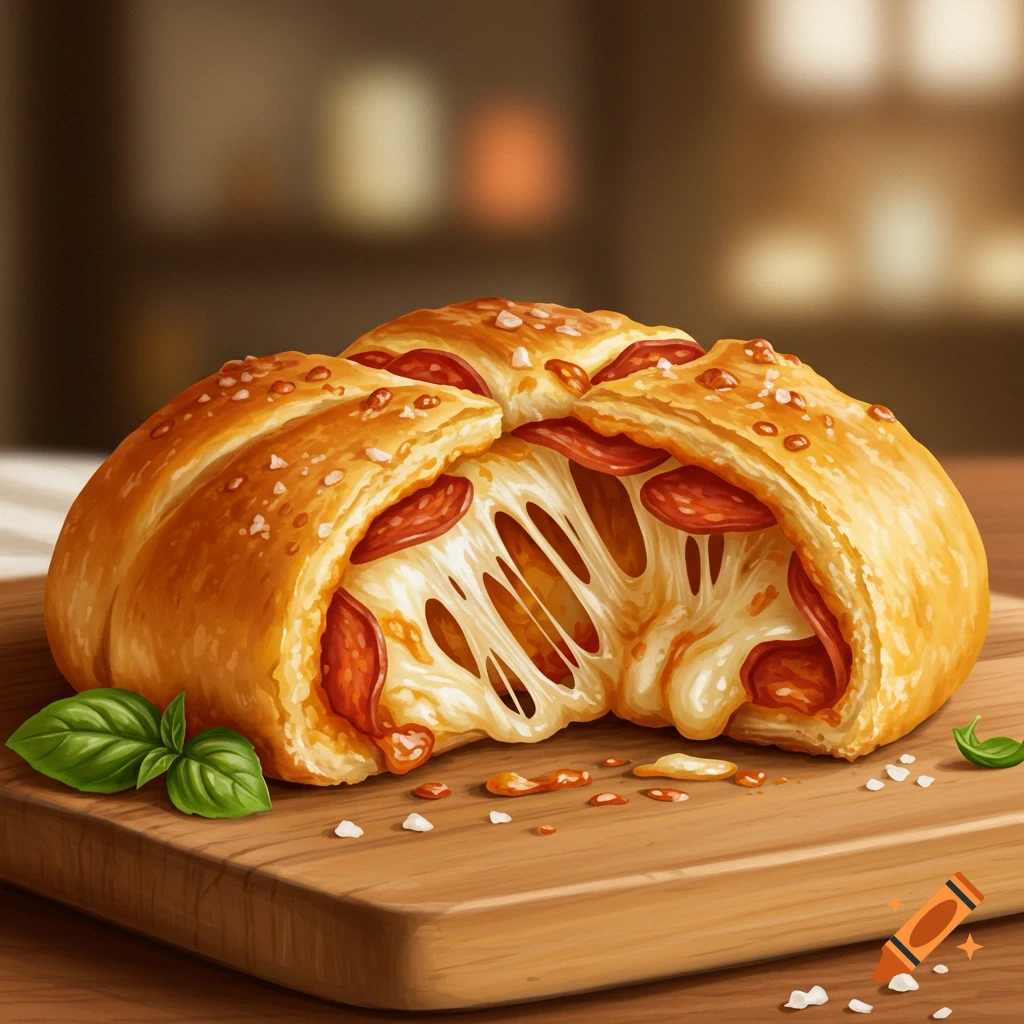 A cheesy pepperoni roll, split open to reveal melted mozzarella and pepperoni, on a wooden board with basil.