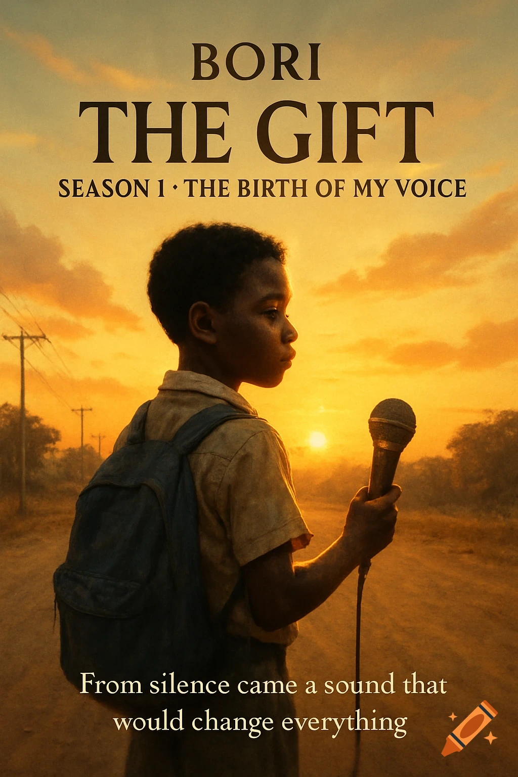 A young boy with a backpack holds a microphone on a dusty road at sunset, with poster text "BORI THE GIFT" above him.
