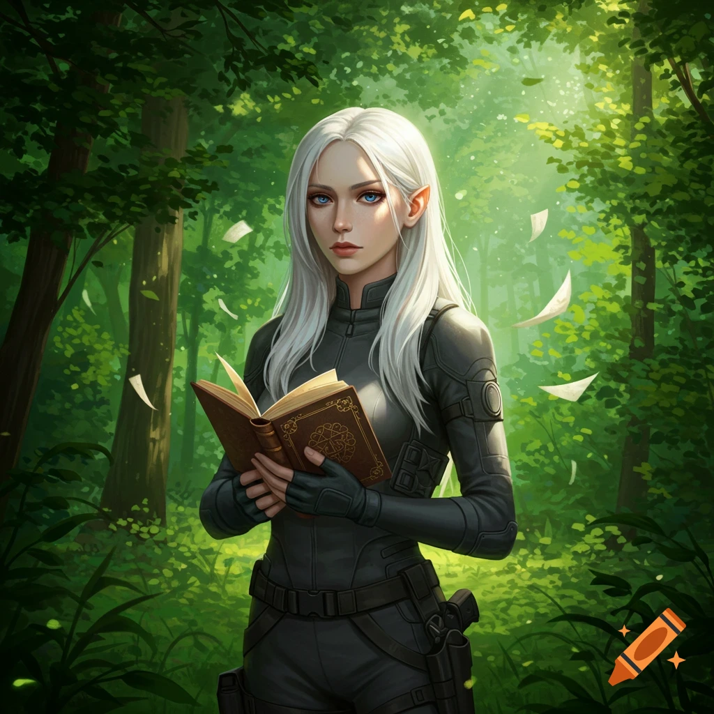A white-haired elf woman in a dark tactical suit holds an open book in a sunlit forest, with papers floating around.