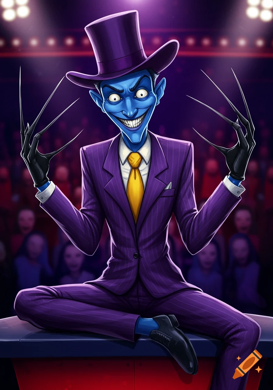 Cartoon of an evil blue-skinned man in a purple pinstripe suit, yellow tie, purple top hat, and black gloves with sharp fingers, grinning broadly on a stage.