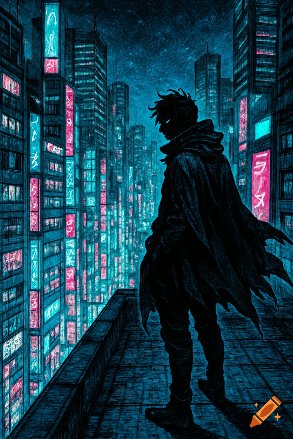 A mysterious cloaked figure stands on a rooftop overlooking a cyberpunk cityscape with towering buildings and glowing neon signs in a Japanese manga style.