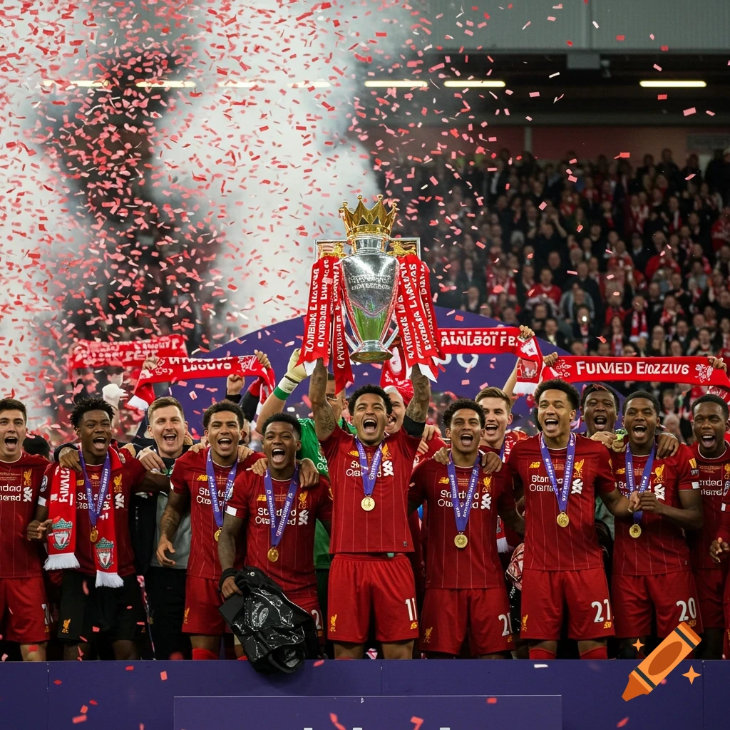 A group of male soccer players in red jerseys celebrate with a large silver trophy under a shower of red confetti in a stadium.