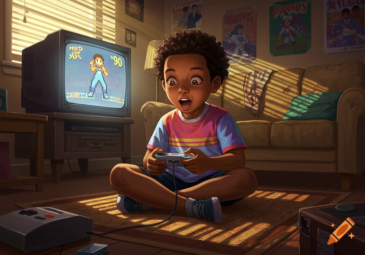 Excited African American child plays retro video games on a CRT TV in a 90s-style room, warm sunlight streaming.