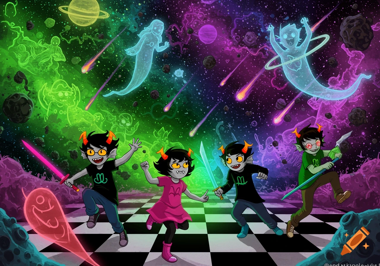 Four cartoon Homestuck-style characters with grey skin and horns run on a checkered ground in a cosmic background with planets, meteors, and ghostly figures.
