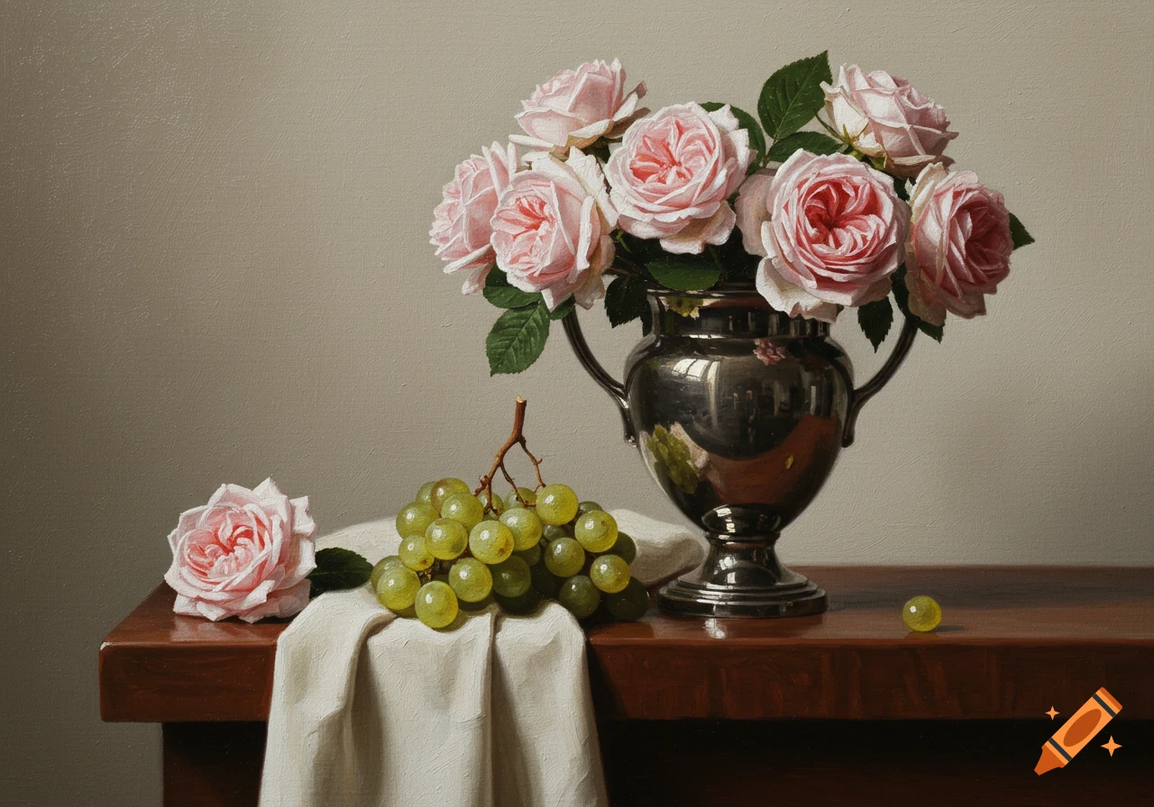 Still life oil painting of pink roses in a silver vase, green grapes, and a linen cloth on a dark wooden table.