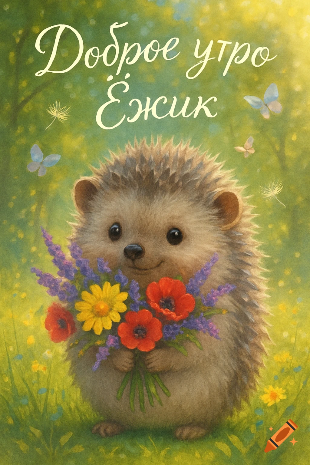 A cute hedgehog holds a bouquet of red, yellow, and purple flowers in a green field with butterflies, and Russian text at the top, in a whimsical illustration style.