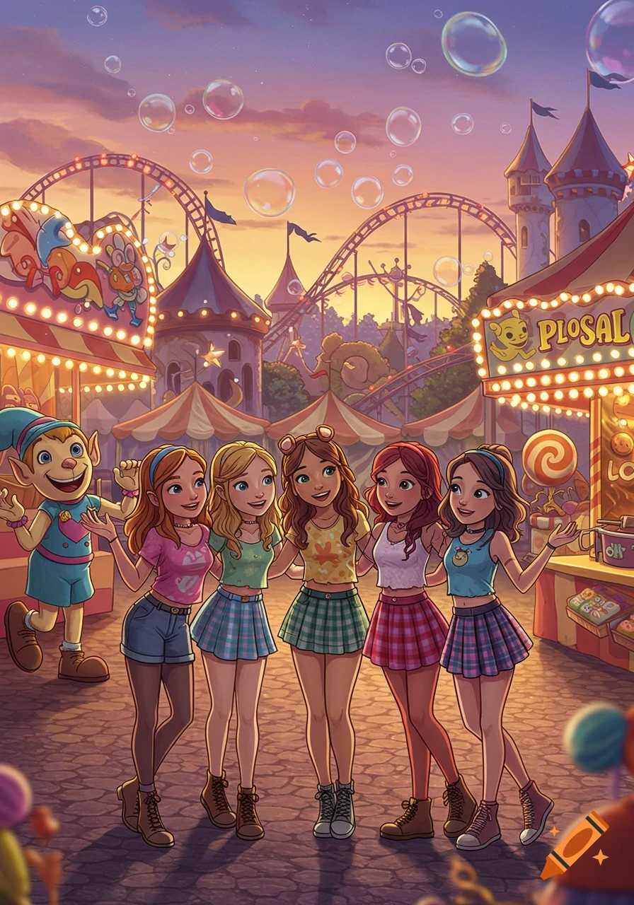 Five young women and an elf-like character smile in a vibrant cartoon amusement park with roller coasters and bubbles at sunset.