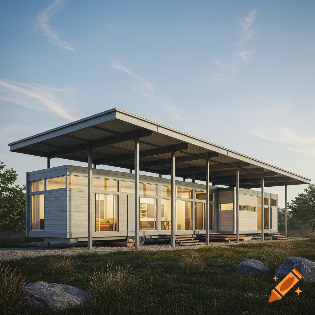 A photorealistic image of a modern, grey modular home with large windows and an expansive flat roof supported by steel posts, set in a grassy field.