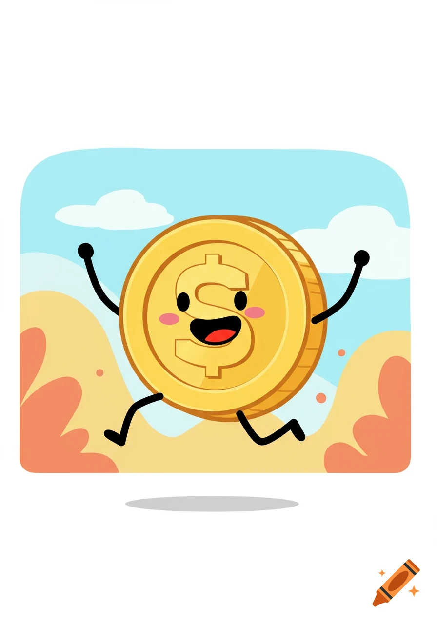 A happy cartoon golden coin with a dollar sign, stick arms and legs, running through a pastel landscape under a blue sky.