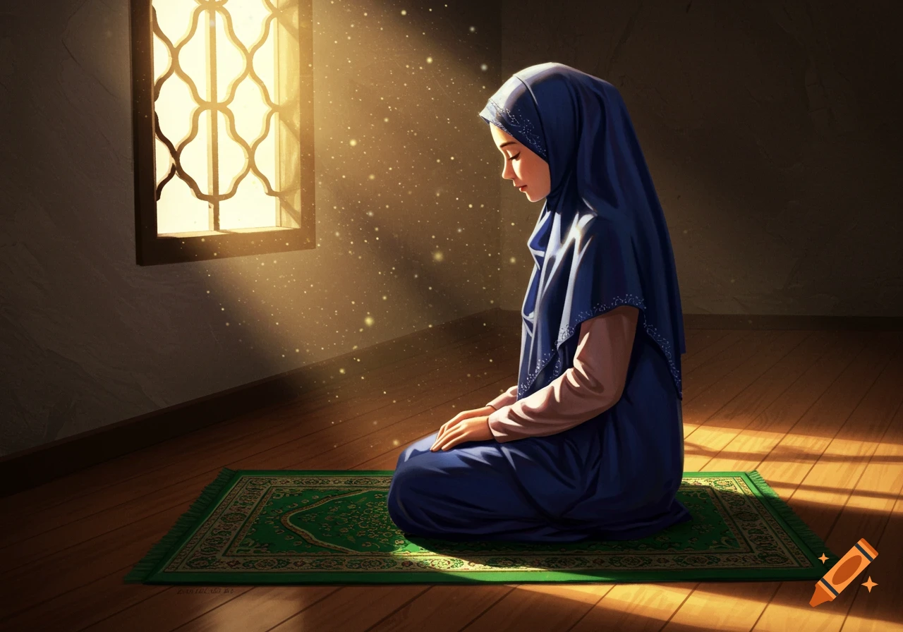 A Muslim woman in a blue hijab kneels on a green prayer mat, illuminated by golden sunlight streaming through a window.