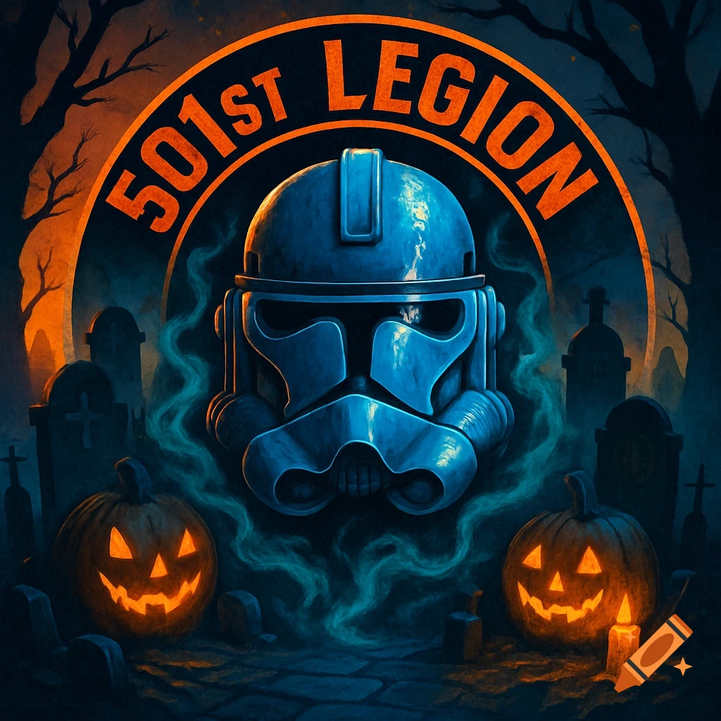 A Halloween-themed blue 501st Legion clone trooper helmet floats above a spooky graveyard with glowing jack-o'-lanterns and gravestones, under an orange '501ST LEGION' banner and dark, gnarled trees, rendered in a digital art style.