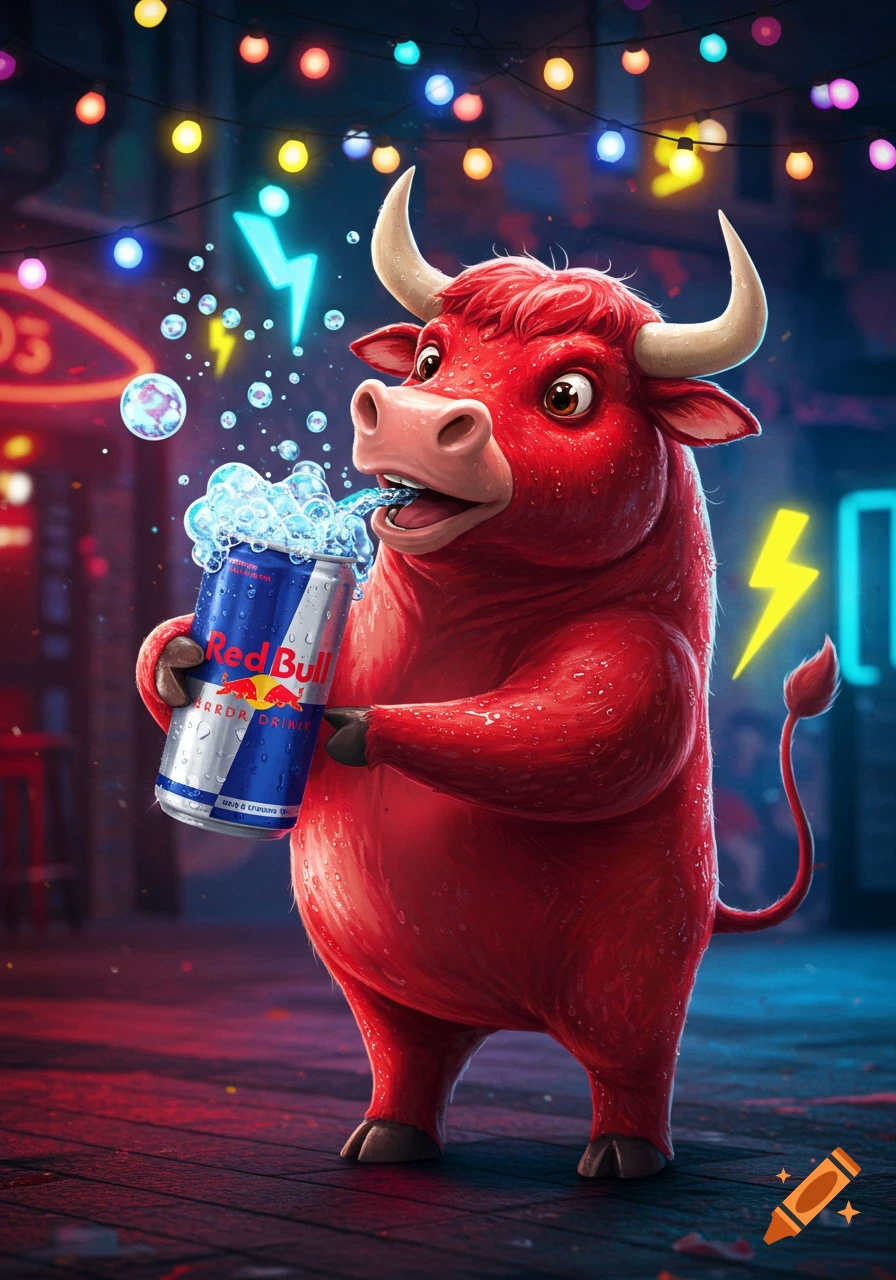 A cartoon red bull with horns holds a Red Bull can, fizzing with foam and bubbles, and drinks from it under neon lights.