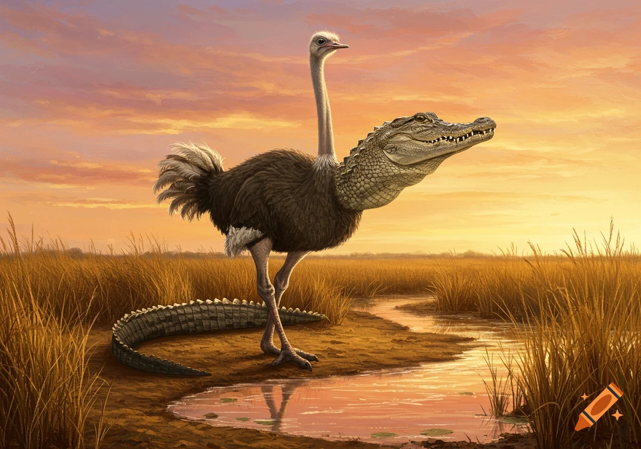 An ostrich with an alligator head and tail stands in a grassy marsh at sunset.