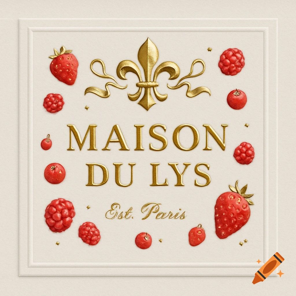 An embossed luxury paper label with gold text 'MAISON DU LYS Est. Paris', a fleur-de-lys, and red berries.