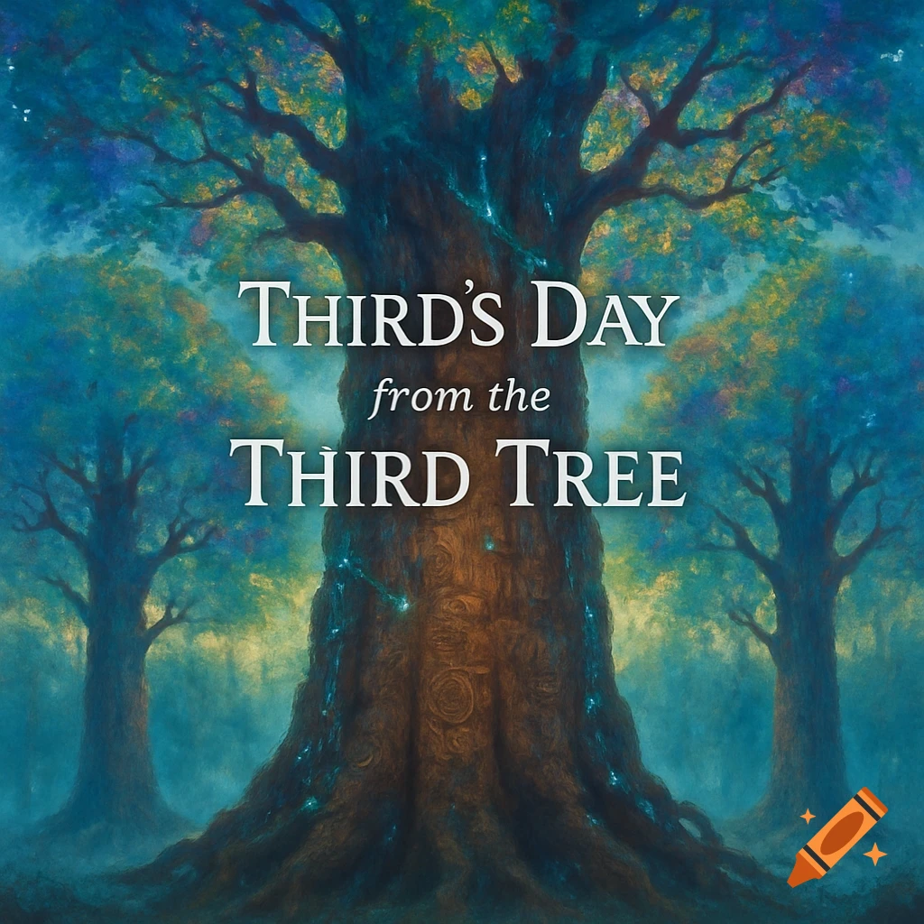 A mystical, glowing tree with white text reading "THIRD'S DAY from the THIRD TREE" in a vibrant, painterly forest.