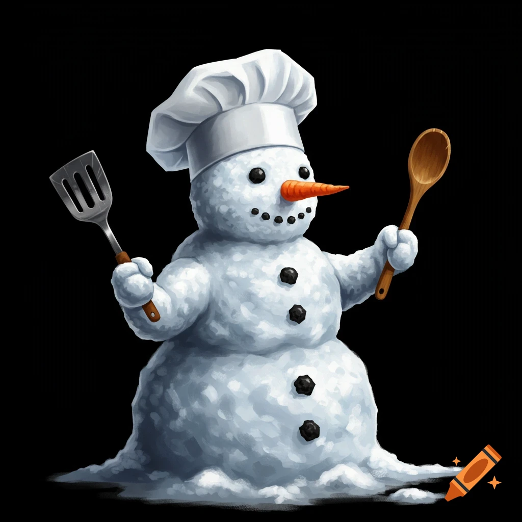 A realistic snowman chef in a white hat holds a spatula and wooden spoon against a black background.