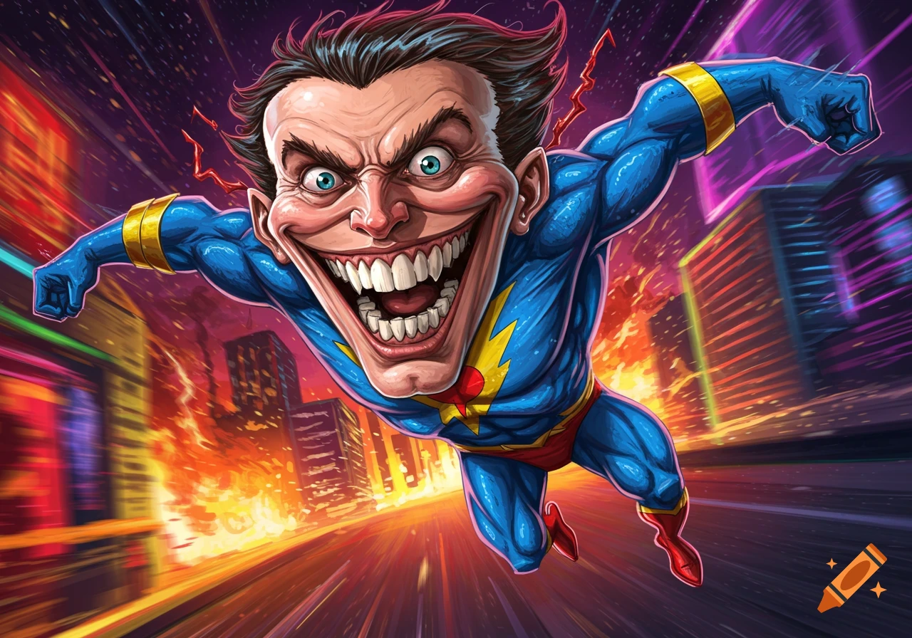 A cartoon superhero with a giant, maniacal head and grin flies over a futuristic city with motion blur.