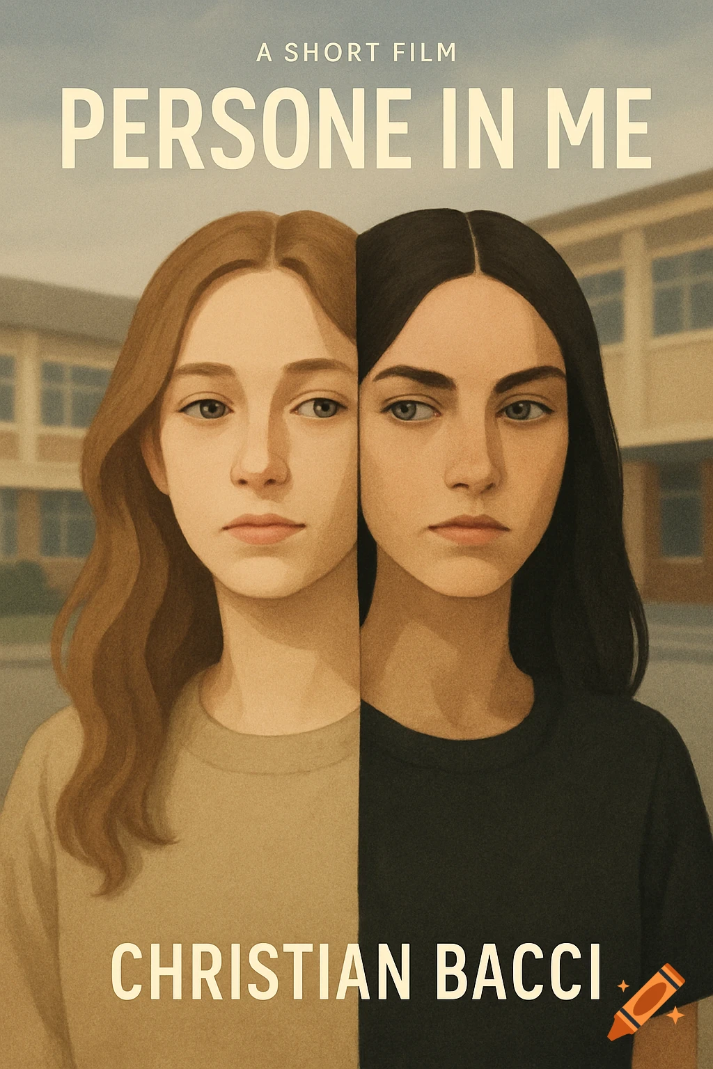 An illustrated poster of two young women's faces split vertically, one with brown hair and a beige shirt, the other with black hair and a black shirt. Text reads: A SHORT FILM PERSONE IN ME CHRISTIAN BACCI, with a blurred school in the background.
