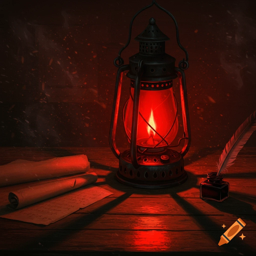 An old metal lantern with a glowing red flame sits on a wooden desk, surrounded by paper scrolls, a quill, and an inkwell in a dark room.