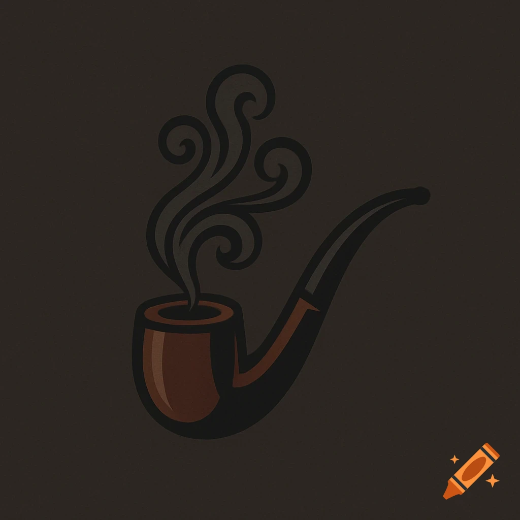 A stylized brown and black smoking pipe with grey smoke rising from it, on a dark background.