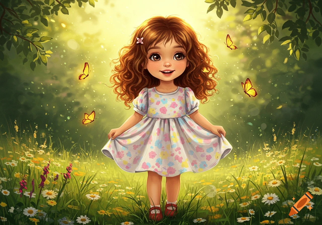 Cartoon drawing of a young girl with curly brown hair, wearing a floral dress, standing in a sunny field with butterflies.