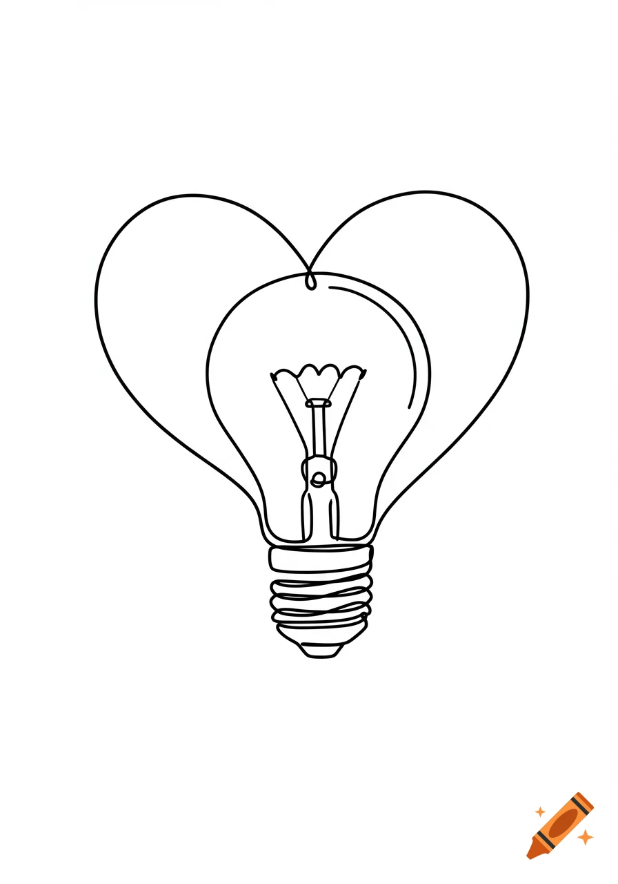 A minimalist black and white continuous line drawing of a heart with a lightbulb inside it, against a white background.