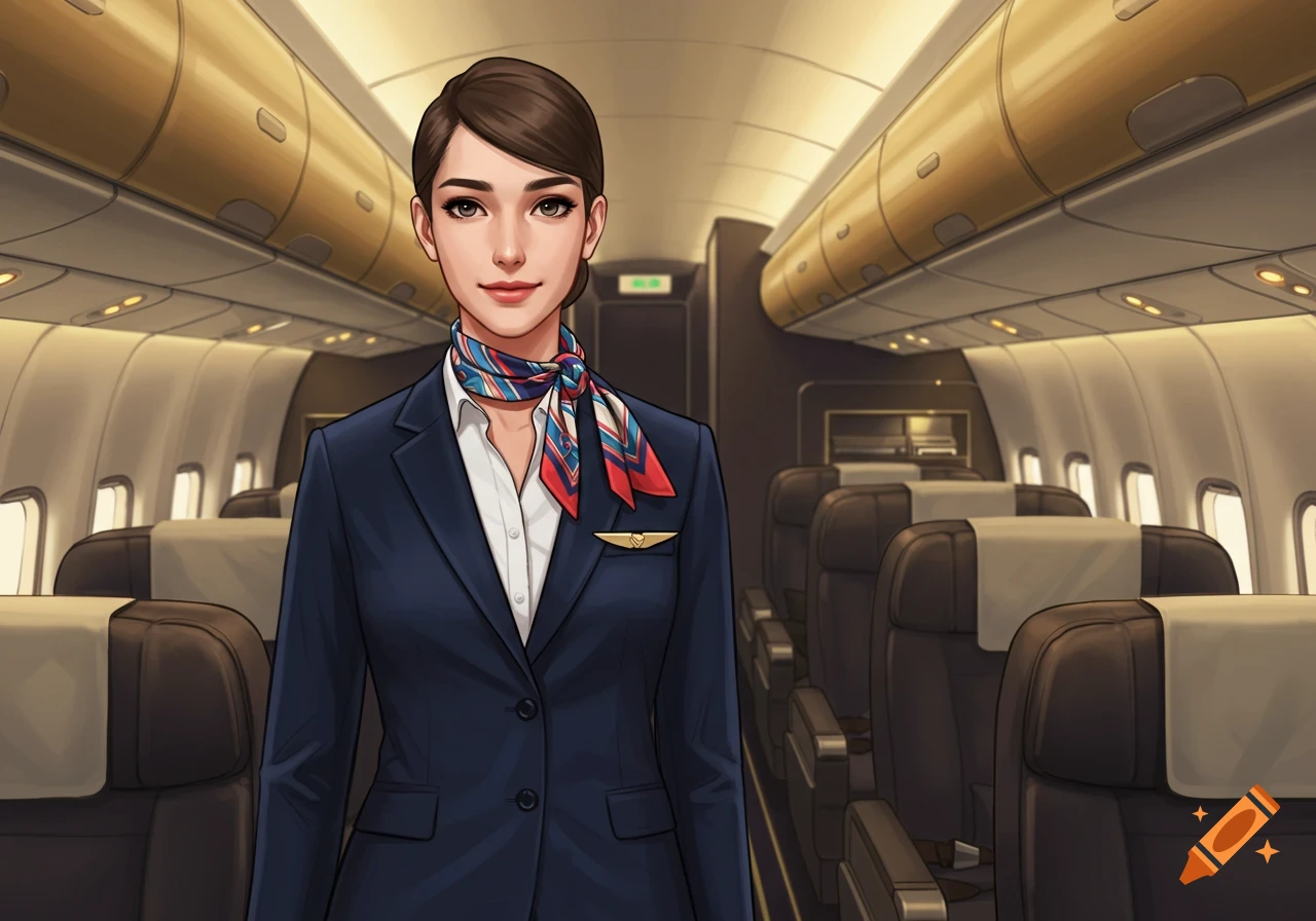 An illustration of a flight attendant in a blue uniform and scarf standing in an airplane aisle.