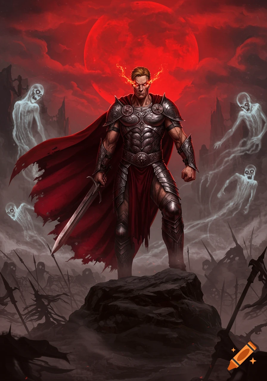 A muscular warrior in ornate armor and a red cape stands on a rock with a sword, surrounded by ghosts under a blood-red moon in a dark fantasy landscape.