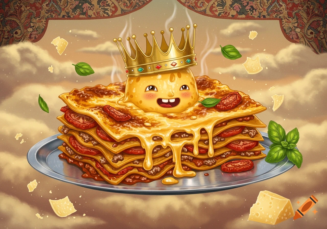 A whimsical cartoon lasagna king with a smiling face and golden crown sits on a plate, surrounded by basil and cheese flakes.