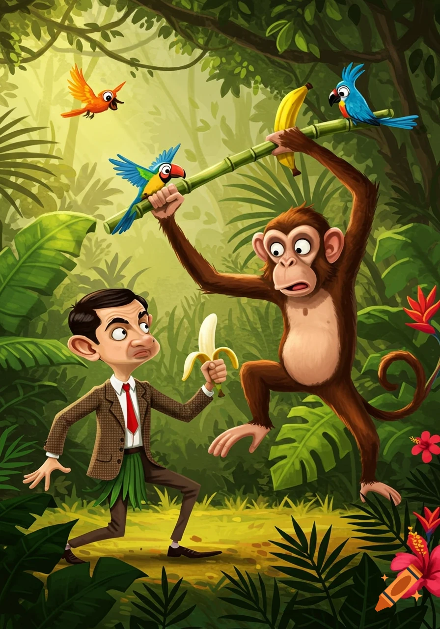 Cartoon Mr. Bean in a jungle, holding a peeled banana, looks at a monkey swinging a banana on a bamboo pole, with colorful birds.