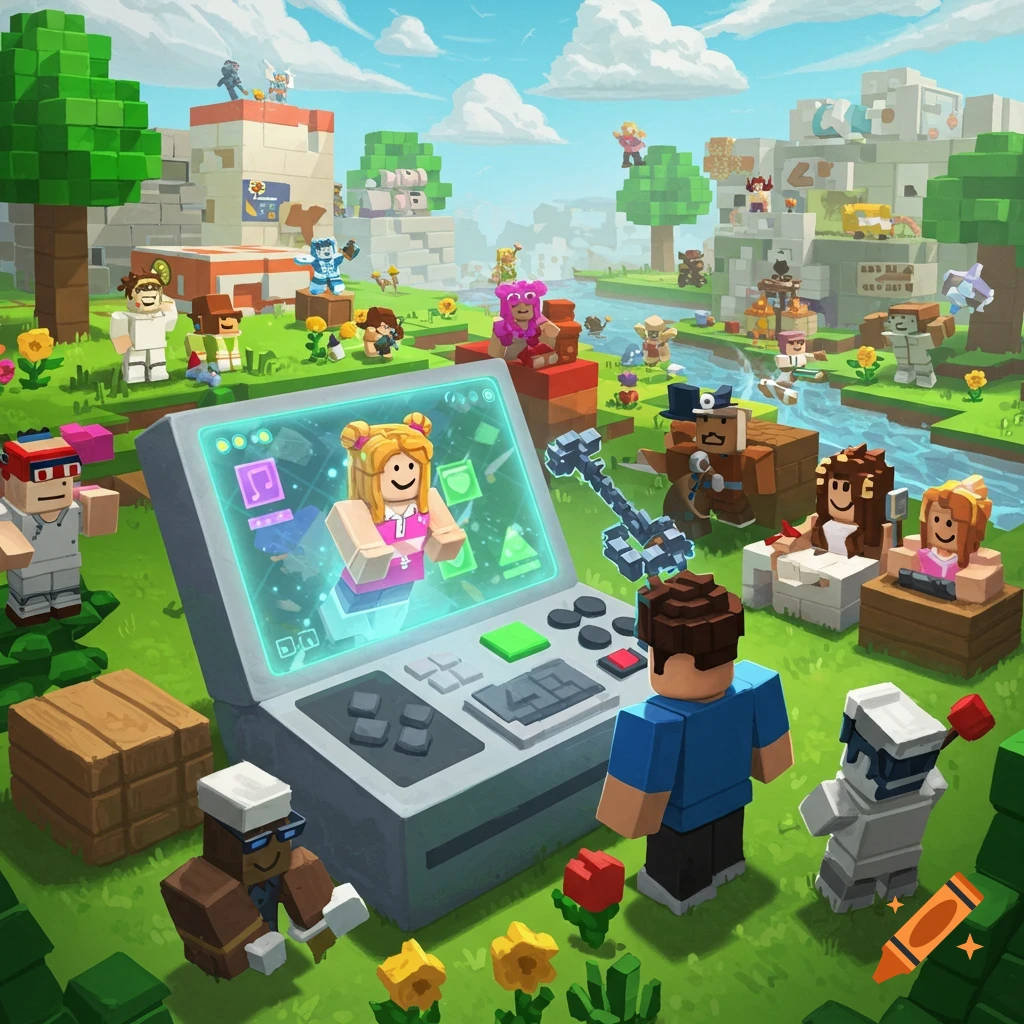 A vibrant, blocky world with many stylized characters, similar to Roblox. A large screen in the foreground displays a female avatar.