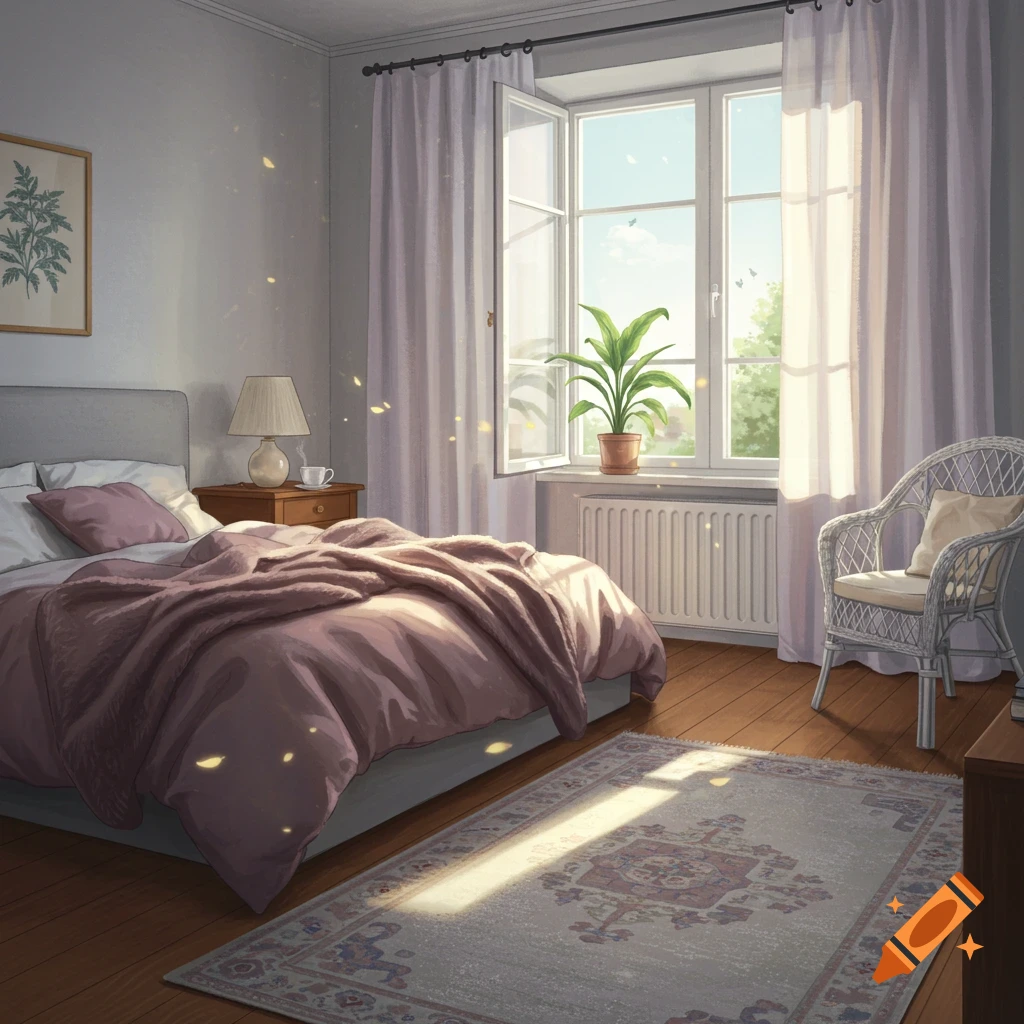 Illustration of a sunlit, cozy bedroom with a bed, an open window, a houseplant, and a patterned rug on a wooden floor.