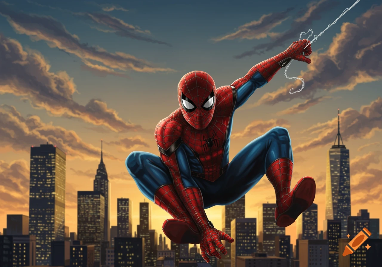 Spider-Man crouches in a dynamic pose, poised to swing over a city skyline at sunset with an orange and blue sky.