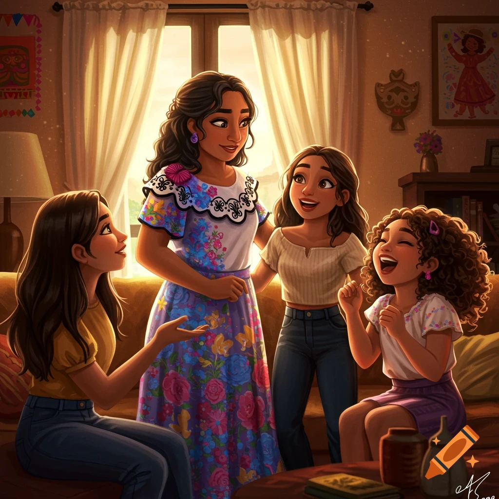 A Latina mother and her three daughters are happily gathered in a warm, sunlit living room, depicted in a vibrant animated style.