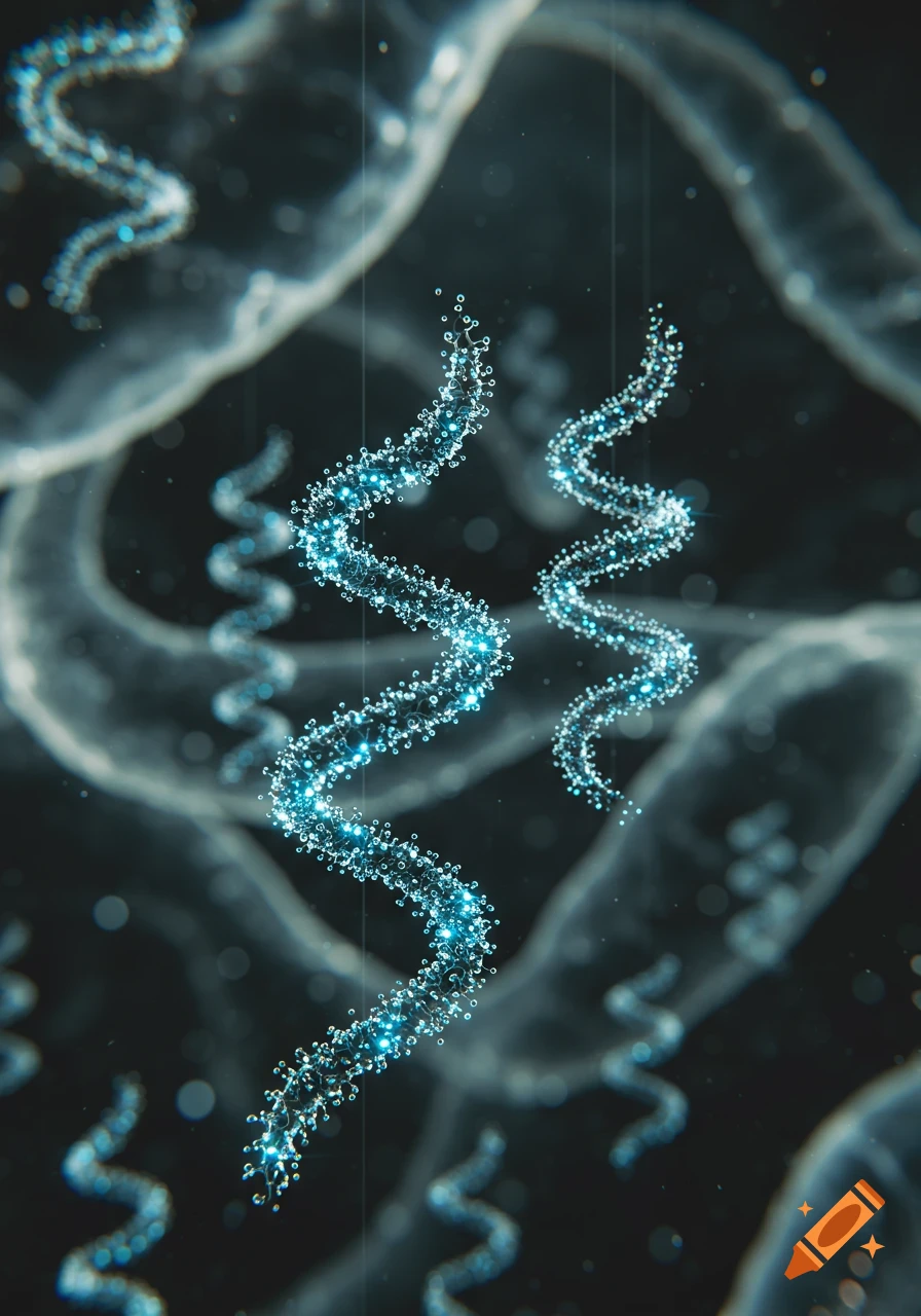 Glowing blue spiral structures resembling nanobots or microscopic organisms against a dark, blurry background.