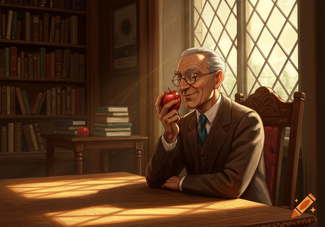 An elderly man in a suit and glasses sits at a desk in a sunlit library, smiling while holding a red apple. Illustrative style.