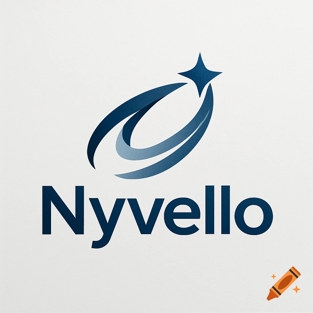 A blue and white logo for 'Nyvello' with a star and curved swooshes.