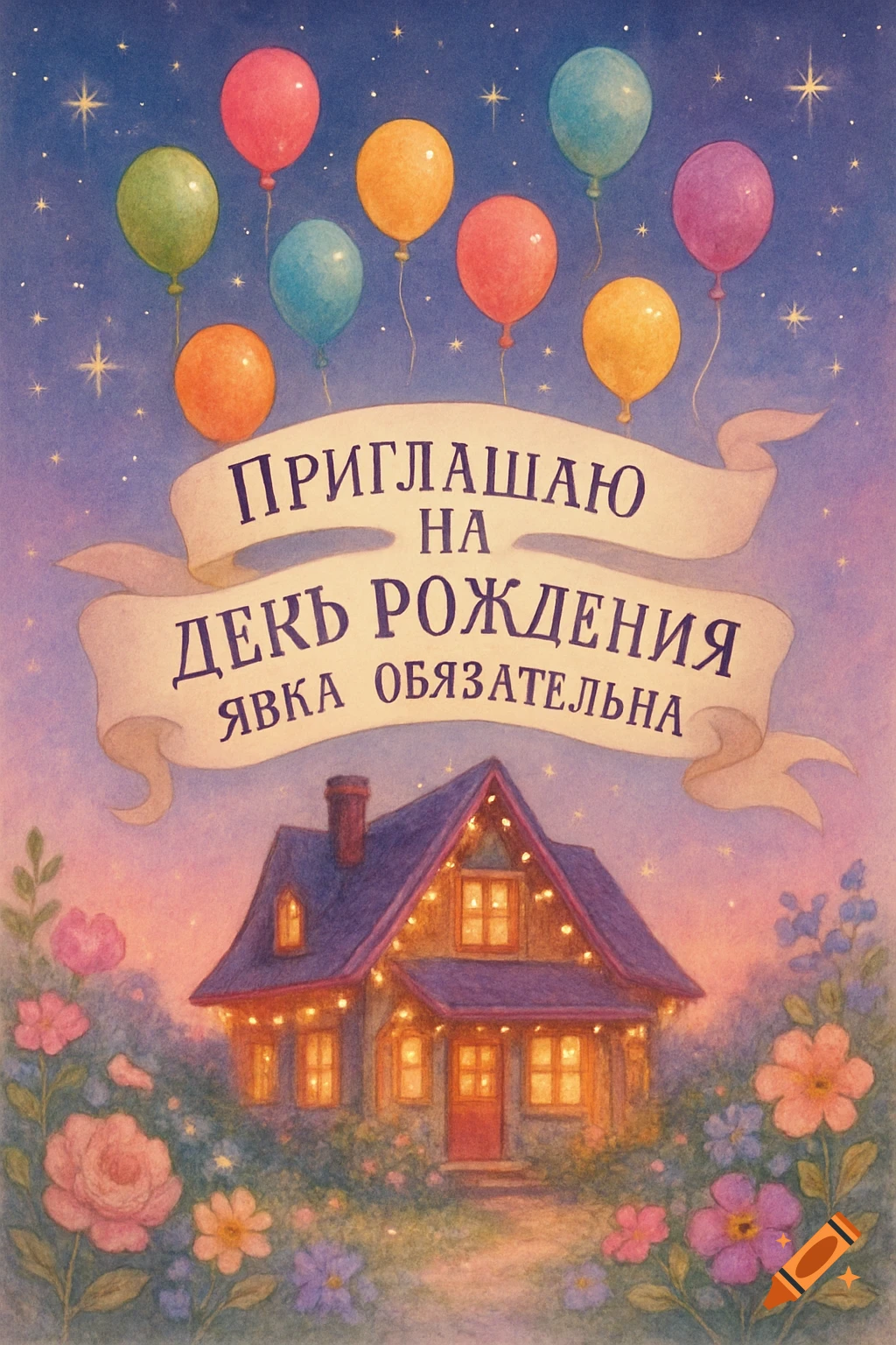 Whimsical watercolor birthday invitation featuring a cozy house at night, colorful flowers, balloons, and a banner with Russian text.
