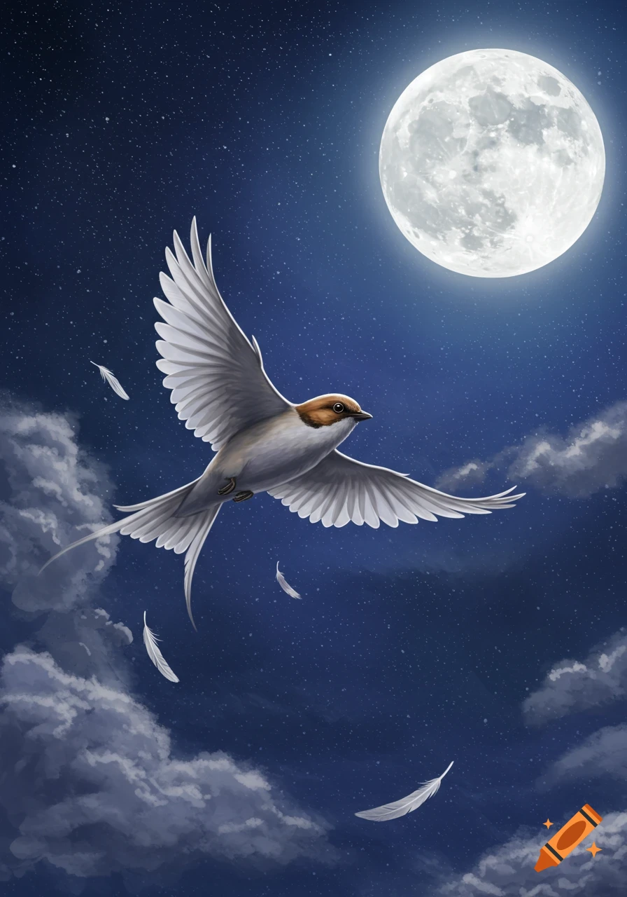 An illustrated swallow-like bird flies across a dark, starry night sky with a bright full moon and clouds.