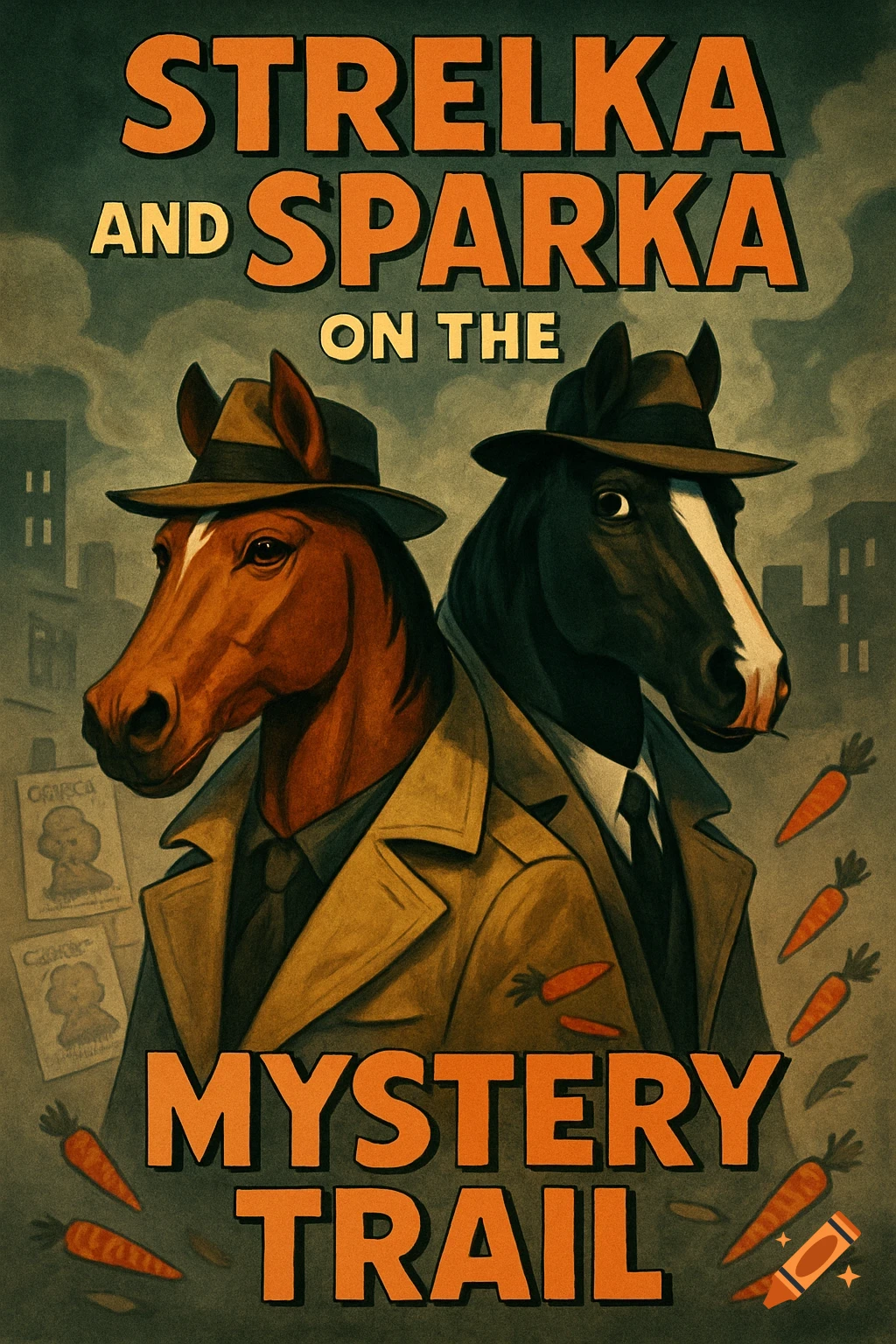 A retro poster depicts two horse detectives, a bay and a black horse, in fedoras and trench coats, surrounded by carrots, with the text "STRELKA AND SPARKA ON THE MYSTERY TRAIL".