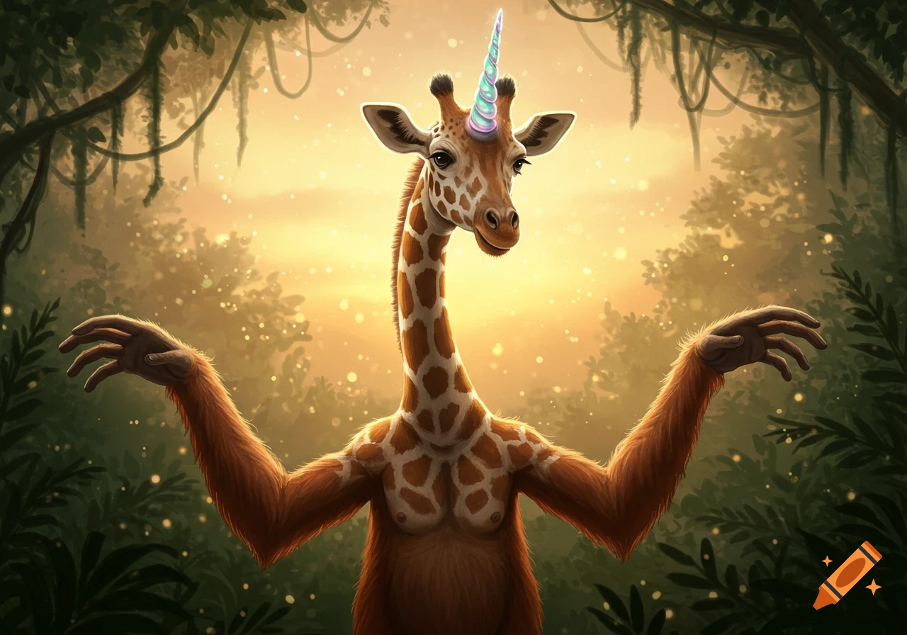 A whimsical giraffe-unicorn hybrid with orangutan arms stands in a golden, glowing jungle, looking at the viewer.