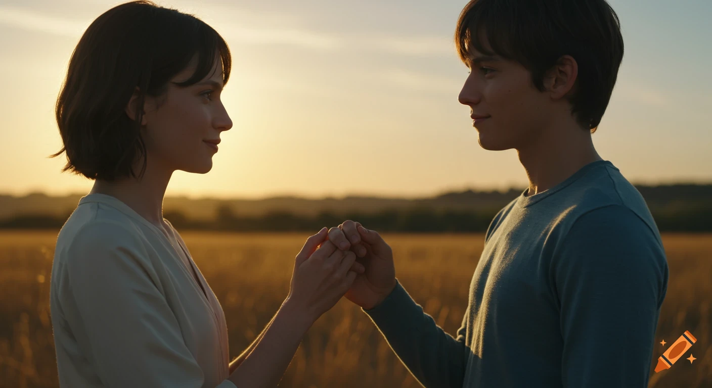 Man and woman gently holding hands, silhouetted against a golden sunset in a serene field.