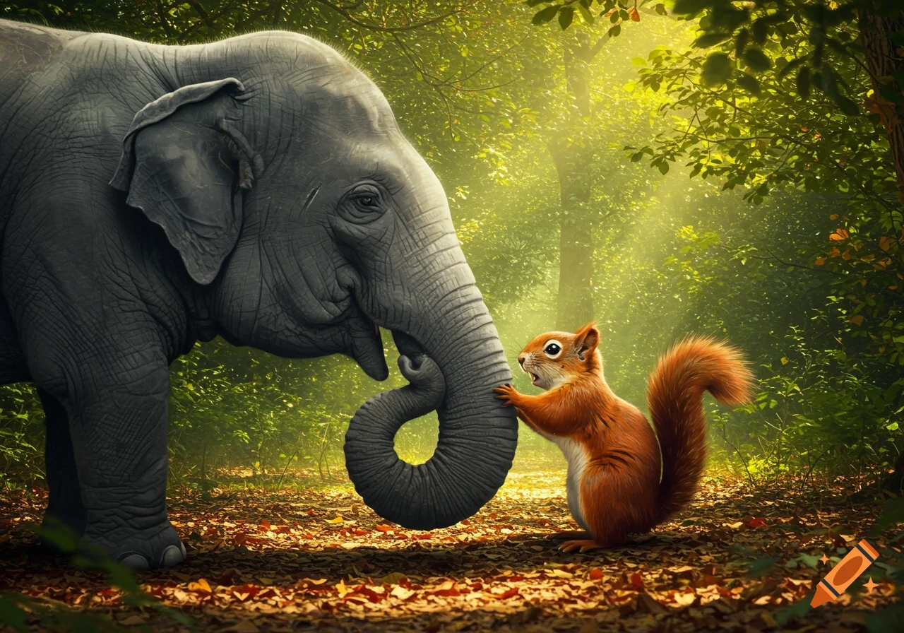 A large gray elephant with a curled trunk interacts with a small red squirrel in a sunlit forest.