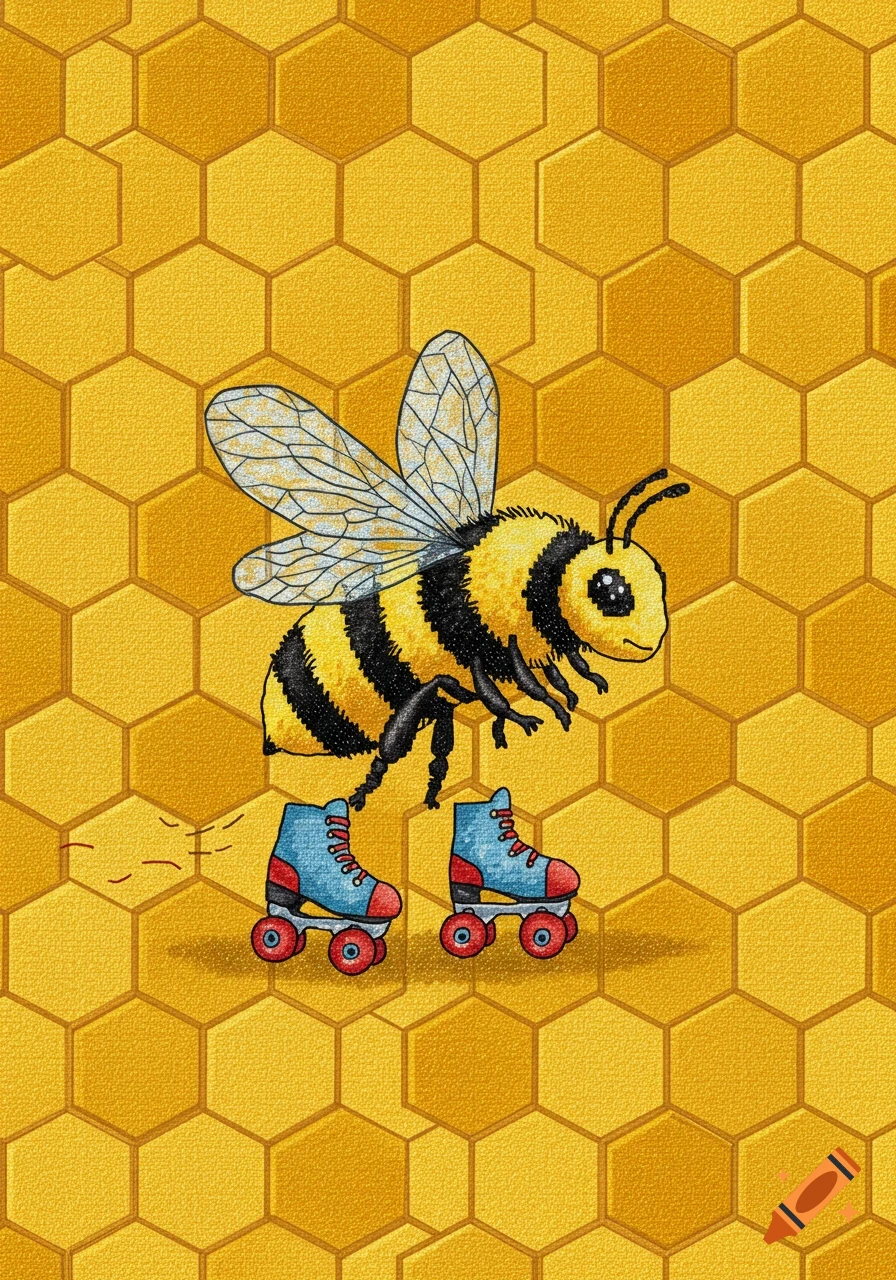 A cartoon bee wearing blue roller skates, standing on a yellow honeycomb background.