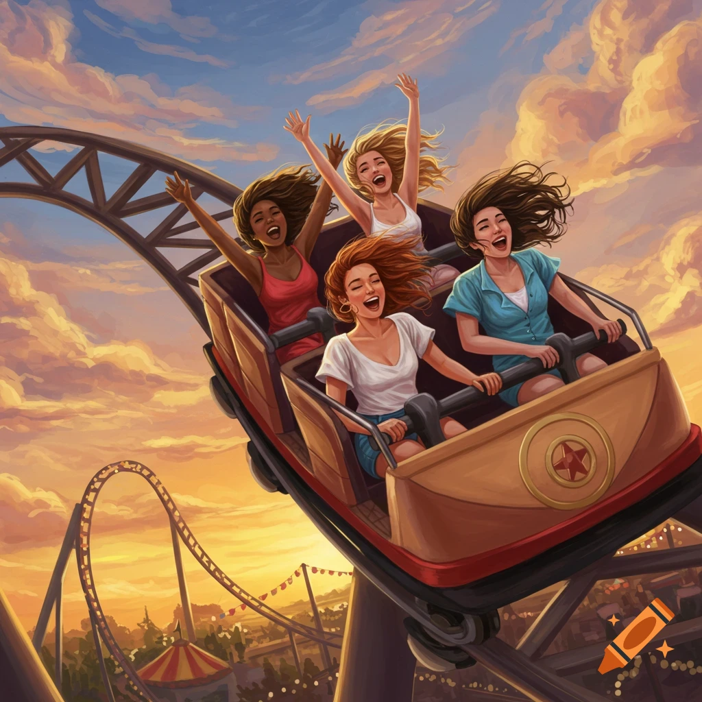 Four women cheer on a rollercoaster ride at sunset in an amusement park, in an illustrative style.
